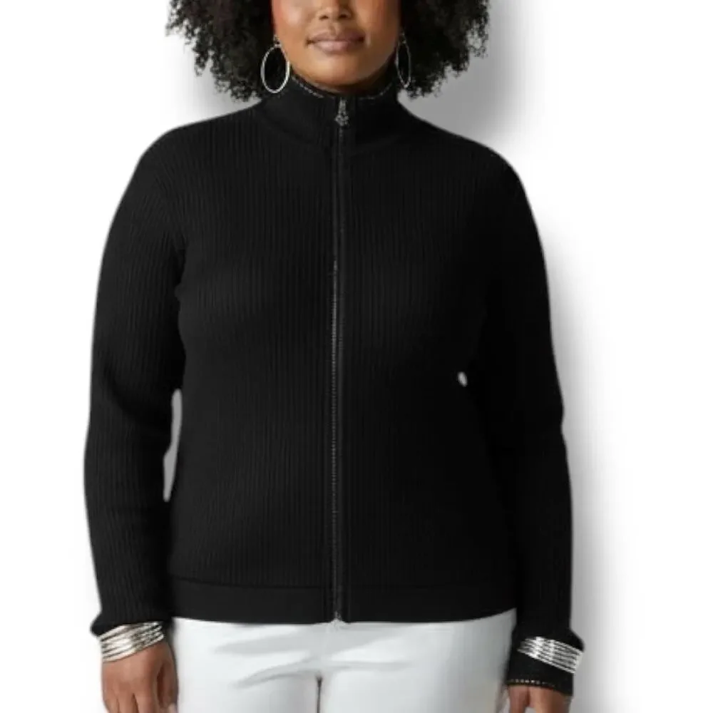 Vintage St John Sport Size L XL Black Knit Crystal Embellished Bomber Jacket